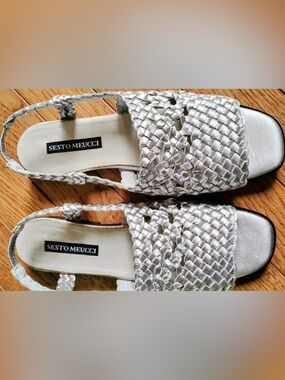 Sesto Meucci Silver Braided Slingback leather Sandals.